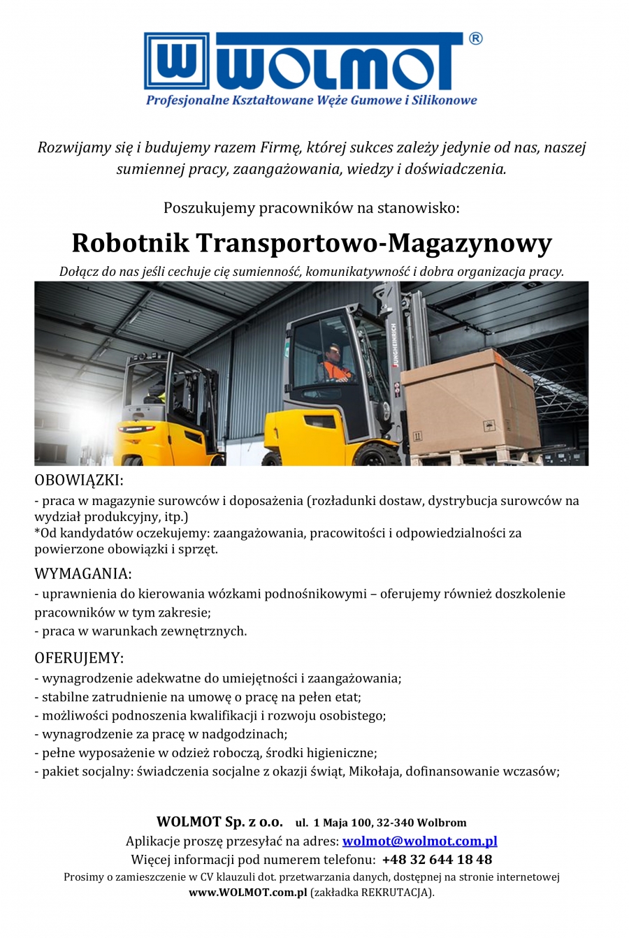 PPWG &quot;WOLMOT&quot; Sp. z o.o. poszukuje pracowników na stanowisko: Robotnik Transportowo-Magazynowy